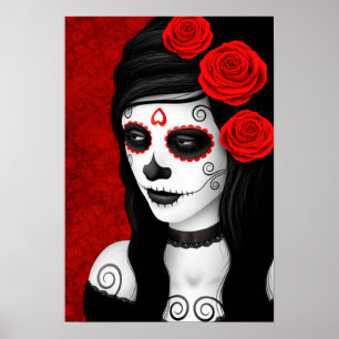 Póster Día del Chica Muerto con rosas rojas