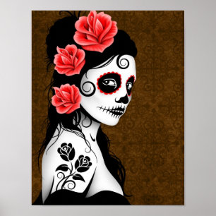 Póster Día del chica muerto del cráneo del azúcar - Brown