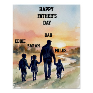 Póster Día del Padre Acuarela Familia Atardecer