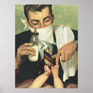 Póster Día del Padre vintage, papá dando un biberón a un
