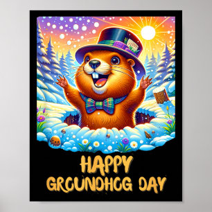 Póster Día divertido y feliz de la marmota 2024 Feliz mar