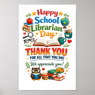 Póster Día Feliz de la Bibliotecaria Escolar Gracias Bi