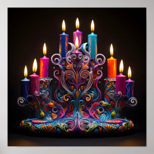 Póster Día festivo decorativo colorido Menorah Poster
