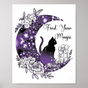 Póster Día Gráfico místico Celestial Negro Gato Luna