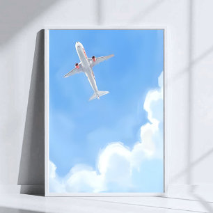 Póster Día Hermoso Cielo Azul Nubes Avión Acuarela
