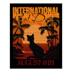 Póster Día Internacional del Gato Retro Sunset