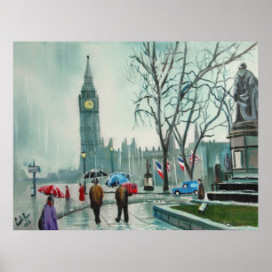 Póster Día lluvioso en la gente de Londres con los