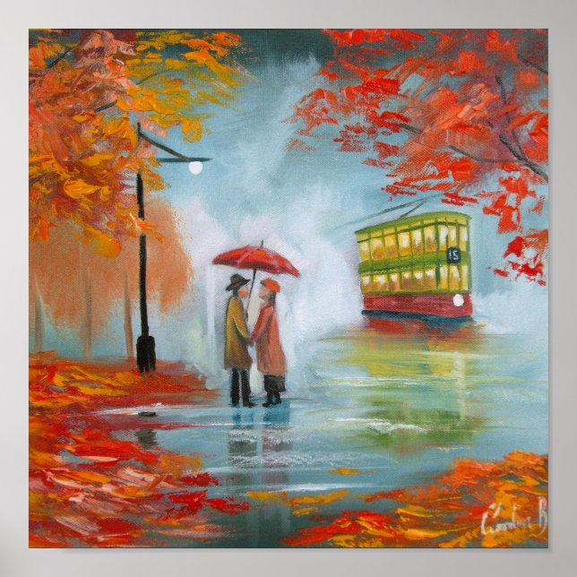 Póster Día lluvioso otoño paraguas rojos tram pintura (Frente)