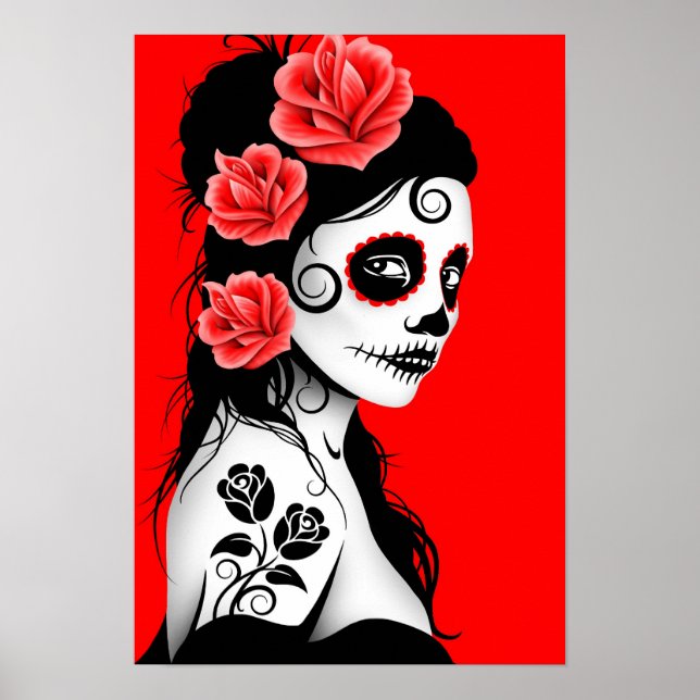 Póster Día Rojo del Chica del cráneo de azúcar muerto (Frente)