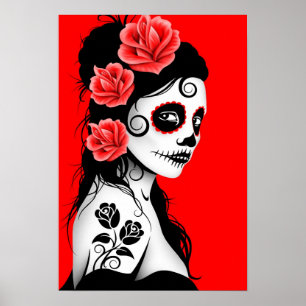 Póster Día rojo del chica muerto del cráneo del azúcar