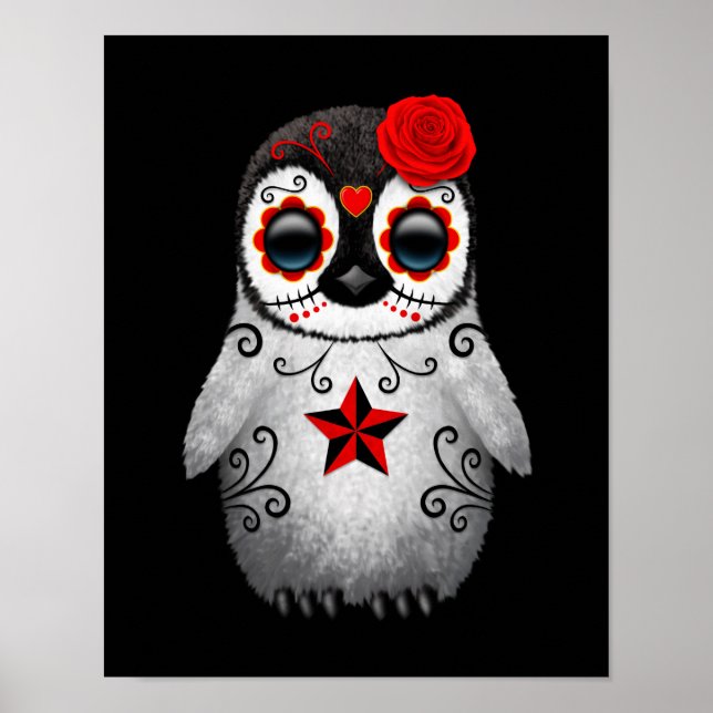 Póster Día Rojo del Pingüino del Cráneo de Azúcar Muerto (Frente)