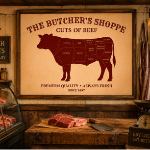 Póster Diagrama de Cortes de Carne de Vaca de Carnicería