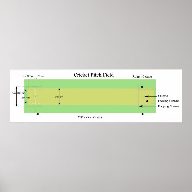 Póster Diagrama de un campo de cricket con mediciones (Frente)