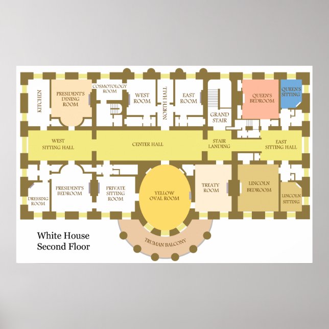 Póster Diagrama del segundo piso de la Casa Blanca (Frente)