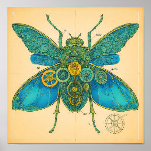 Póster Diagrama Técnico Ornamentado: Insecto Steampunk