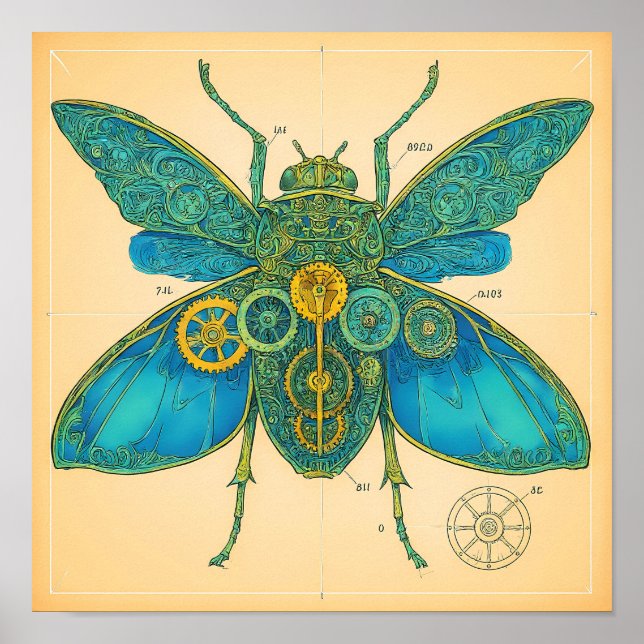 Póster Diagrama Técnico Ornamentado: Insecto Steampunk (Frente)