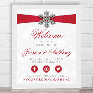 Póster Diamante Snowflake & Red Ribbon Boda de Invierno