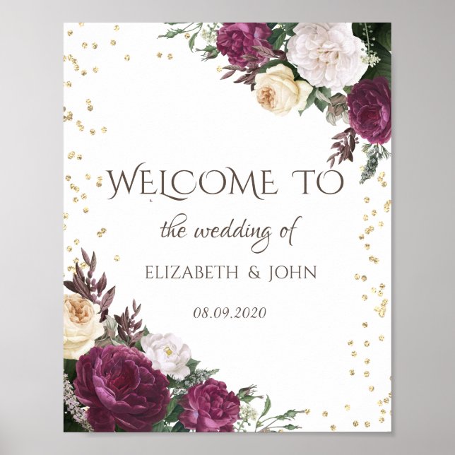 Póster Diamantes de oro Floral de Borgoña Salven La Fecha (Frente)