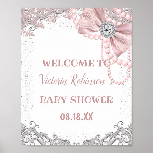 Póster Diamond Pearl Rubor Pink Girly Elegly Baby Shower (Frente)