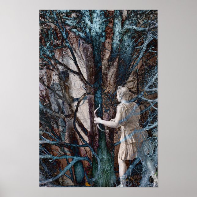 Póster Diana, diosa de la caza, en un bosque mágico (Frente)