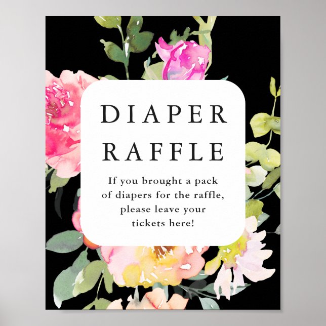 Póster Diaper Raffle Baby Shower Floral Black (Frente)