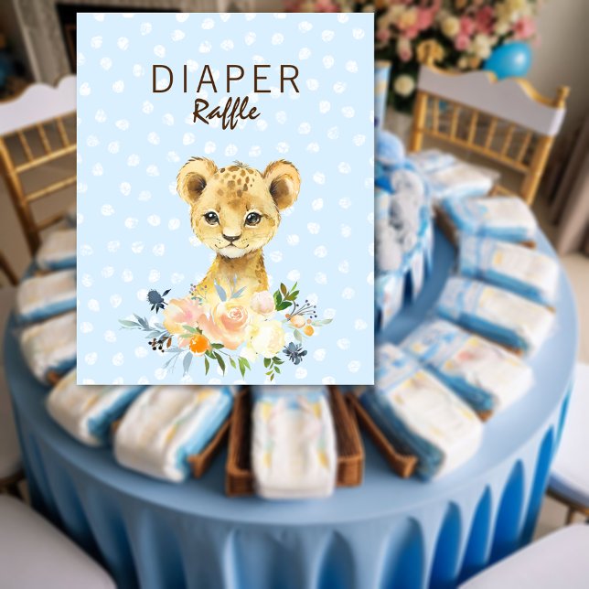 Póster Diaper Raffle Baby Shower Lion Cub Floral Blue (Subido por el creador)