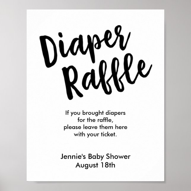 Póster Diaper Raffle Brush Script Baby Shower Display (Frente)