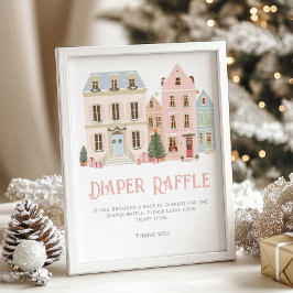 Póster Diaper raffle Christmas village Pink Baby Shower