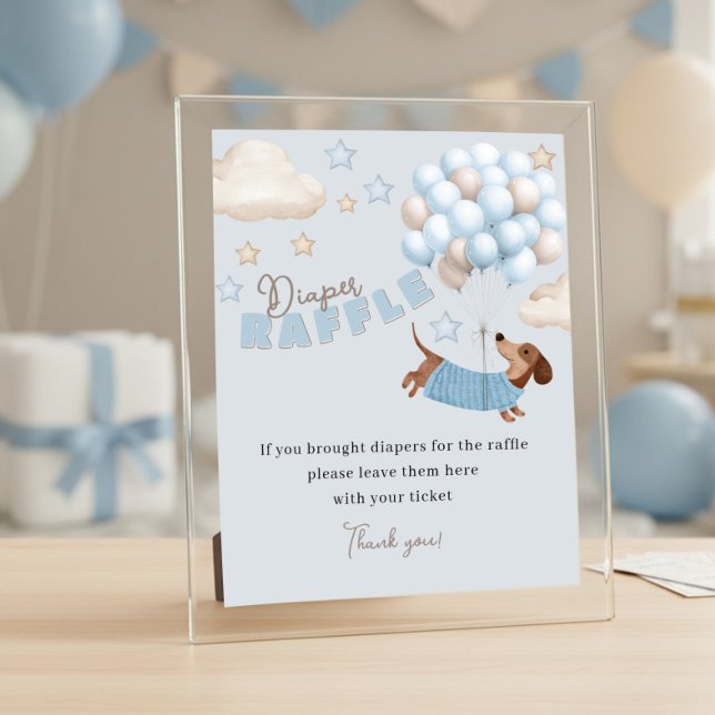 Póster Diaper Raffle Dachshund Blue Baby Shower Game (Baby Shower Diaper Raffle Sign. Dachshund and balloons design in blue and beige)