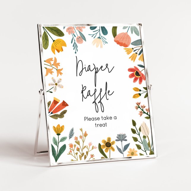 Póster Diaper Raffle de flores silvestres brillantes (Botanical Bright Wildflower Baby Shower Diaper Raffle Sign)