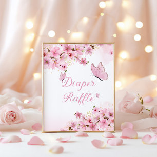 Póster Diaper Raffle ducha de bebé de mariposa rosa