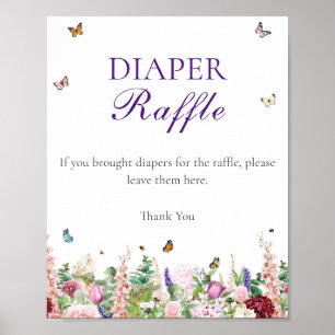 Póster Diaper Raffle Flores y mariposas rosadas púrpura