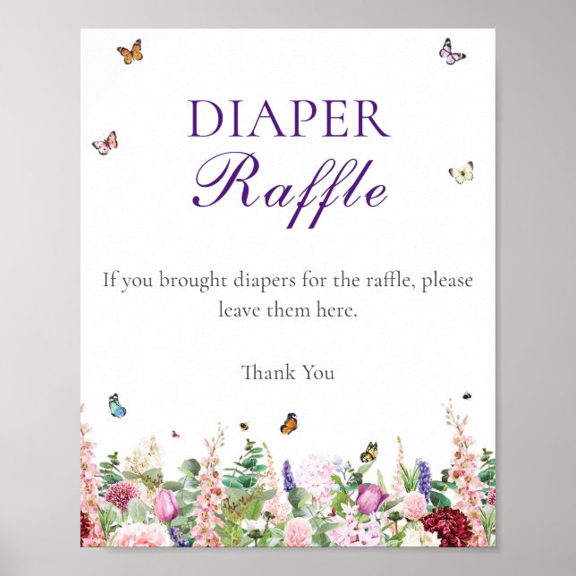 Póster Diaper Raffle | Flores y mariposas rosadas púrpura (Frente)