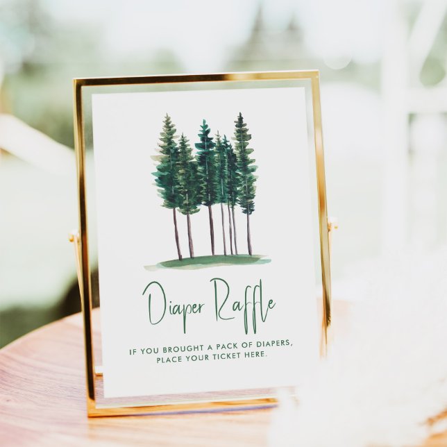 Póster Diaper Raffle Green Rustic Pine Trees Baby Shower (Subido por el creador)