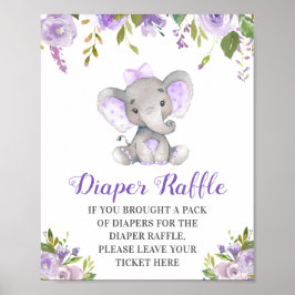 Póster Diaper Raffle Purple Elephant Baby Girl Shower