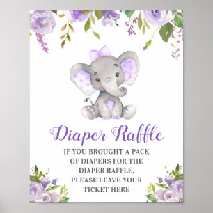 Póster Diaper Raffle Purple Elephant Baby Girl Shower