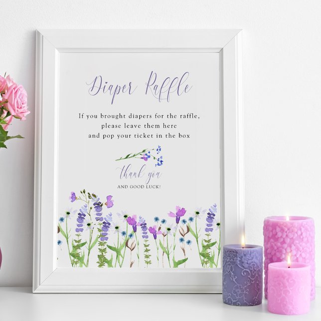 Póster Diaper Raffle Purple Wildflower Baby Shower (Baby Shower Diaper Raffle sign from my Purple Wildflower Collection. Order printed or as a printable)