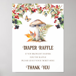 Póster Diaper Raffle Rótulo Baby Shower Woodland Mushroom