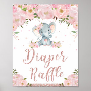 Póster Diaper Raffle Rótulo Elefante Floral Baby Shower