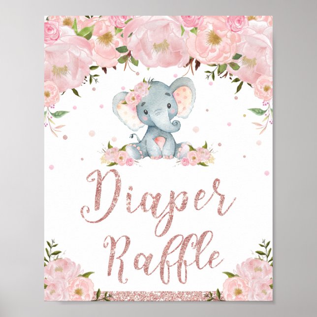 Póster Diaper Raffle Rótulo Elefante Floral Baby Shower (Frente)