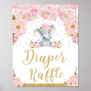 Póster Diaper Raffle Rótulo Elefante Floral Baby Shower