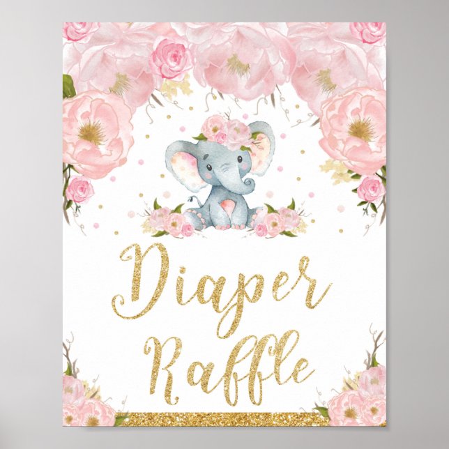 Póster Diaper Raffle Rótulo Elefante Floral Baby Shower (Frente)