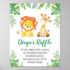 Póster Diaper Raffle Rótulo Green Jungle Safari Baby Show