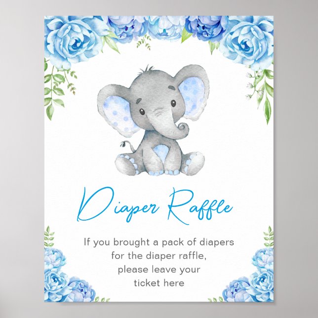 Póster Diaper Raffle Sign Blue Elephant Baby Boy Shower (Frente)