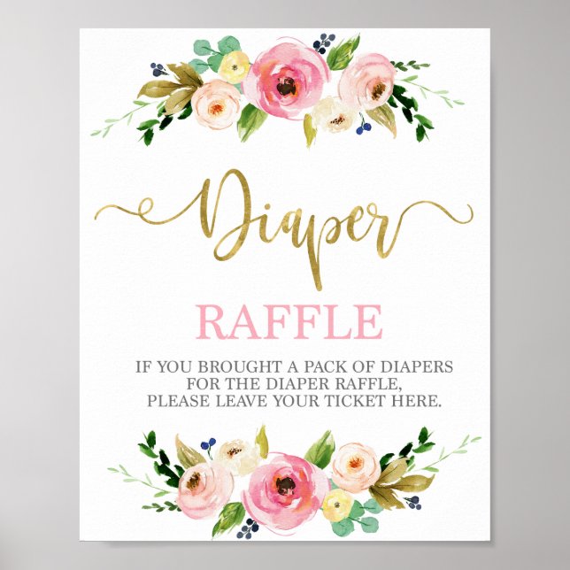 Póster Diaper Raffle signo rosa y dorado floral (Frente)