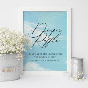 Póster Diaper Raffle Sky Clouds Rótulo Baby Shower azul