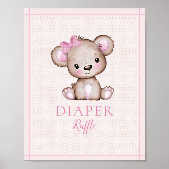 Póster Diaper Raffle Table Cute Chica Bear Baby Shower (Frente)