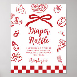 Póster Diaper raffle Whimsical Red Bow Pizza Baby Shower