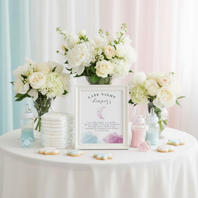 Póster Diapers nocturnos Baby Shower Pink Moon Rótulo (A sweet and simple diaper note station that works beautifully with any shower theme.)