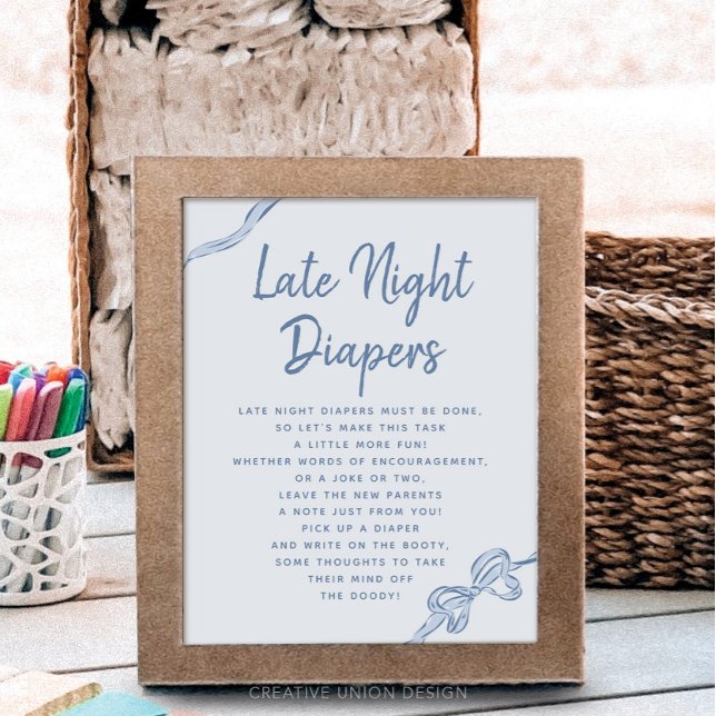 Póster Diapers nocturnos Blue Bow Baby Shower Game Rótulo (Subido por el creador)